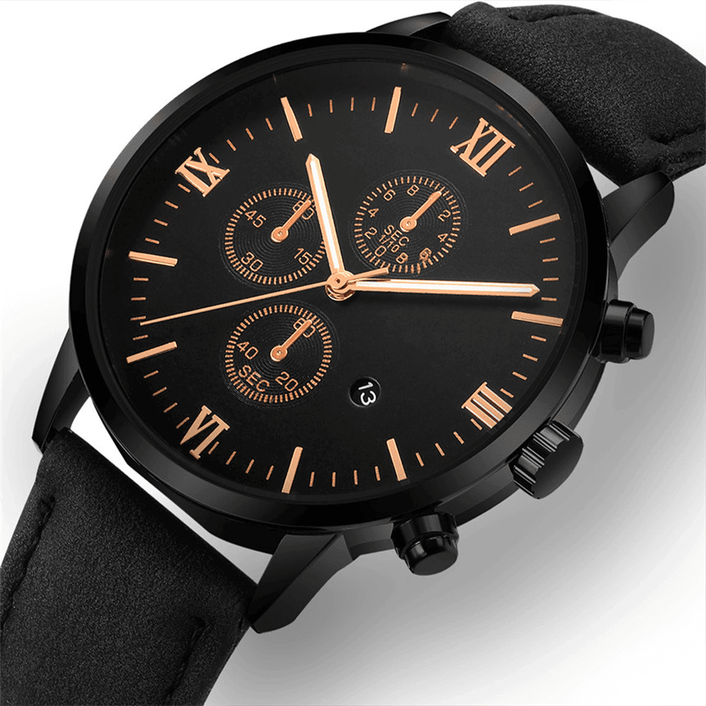 TimeMaster - Sporty Round Black Quartz Watch for Men with Roman Numerals and Date